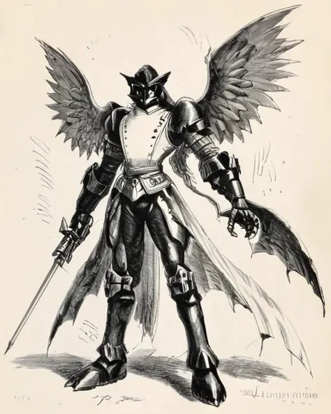 solo,duftmon,standing,wings,holding,holding weapon,monochrome,grayscale,art by llbreton, <lora:LLBretonXL2:1>, <lora:DuftmonXL:0.7>