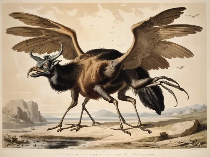 a creature with the body of a crab and the head of a boar and the wings of an ostrich,art by llbreton, <lora:LLBretonXL-000005:0.8>