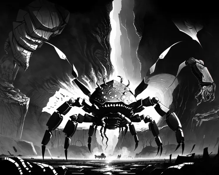 a great crab of destruction emerging from the abyss,grayscale,art by llbreton, <lora:LLBreton15V2:1>