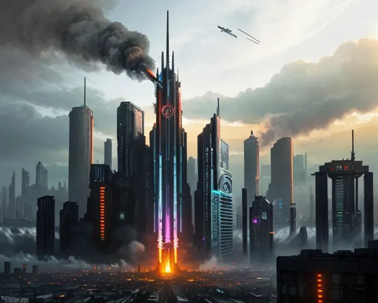 futuristic city with smoke and smokestacks rising from the top of buildings