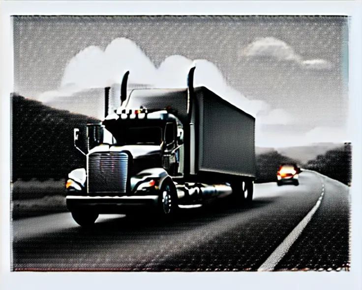 painting of a truck driving on a road,grayscale,monochrome,art by llbreton, <lora:15LLBreton2:0.75>