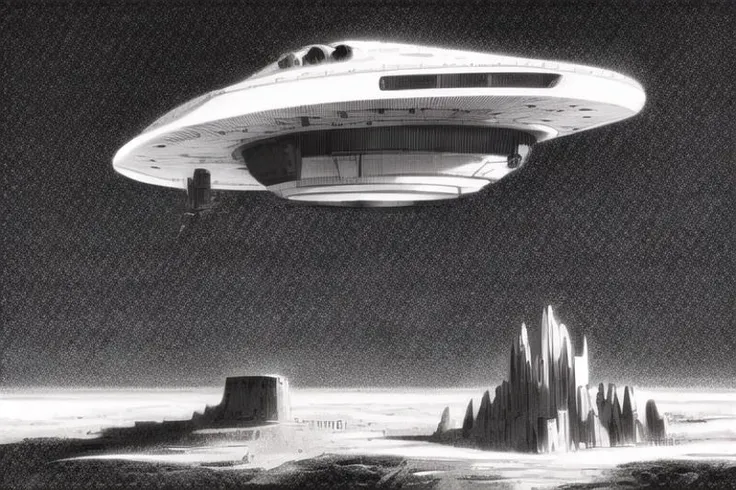 a spaceship landing on an alien planet,monochrome,art by llbreton, <lora:llbreton15v2:1>