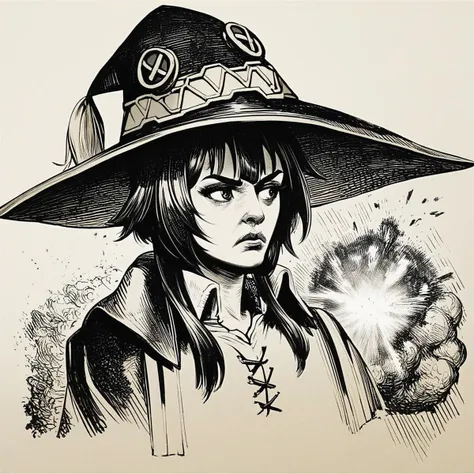 score_9, score_8_up, score_7_up, score_6_up, score_5_up, score_4_up, rating_safe,art by llbreton,monochrome,cropped,portrait,1girl,megumin,witch hat,solo,explosion,<lora:LLBretonPony:1>