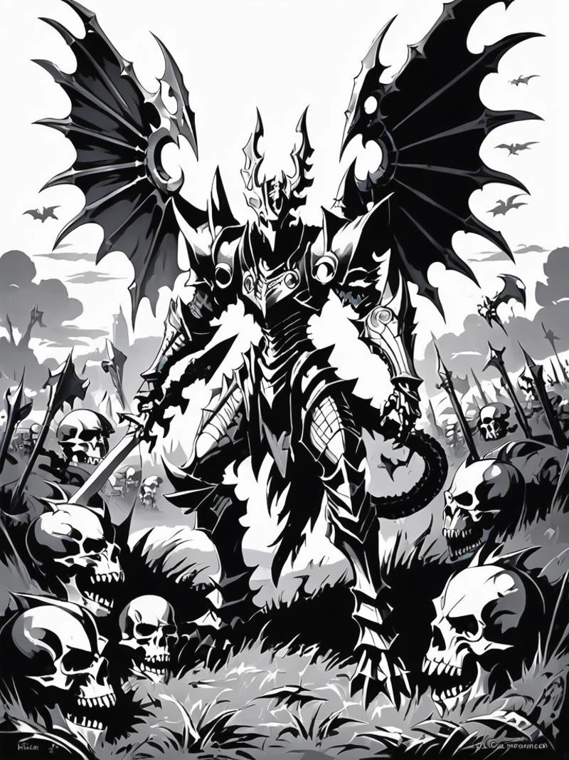 1boy,solo,dragon knight,a dorugoramon knight standing in a field of skulls,grayscale,monochrome,art by llbreton, <lora:DORUgoramonXL:0.65>, <lora:LLBretonXL-000005:0.8>