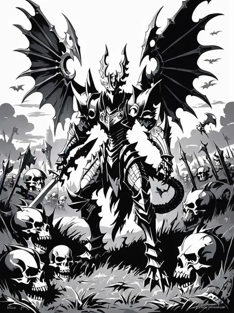 1boy,solo,dragon knight,a dorugoramon knight standing in a field of skulls,grayscale,monochrome,art by llbreton, <lora:DORUgoramonXL:0.65>, <lora:LLBretonXL-000005:0.8>