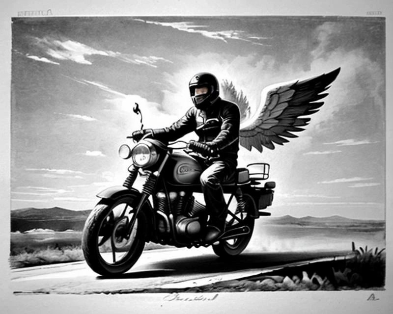 an angel driving a motorcycle,wings,grayscale,monochrome,art by llbreton, <lora:LLBreton15V2:1>