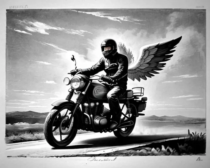 an angel driving a motorcycle,wings,grayscale,monochrome,art by llbreton, <lora:LLBreton15V2:1>