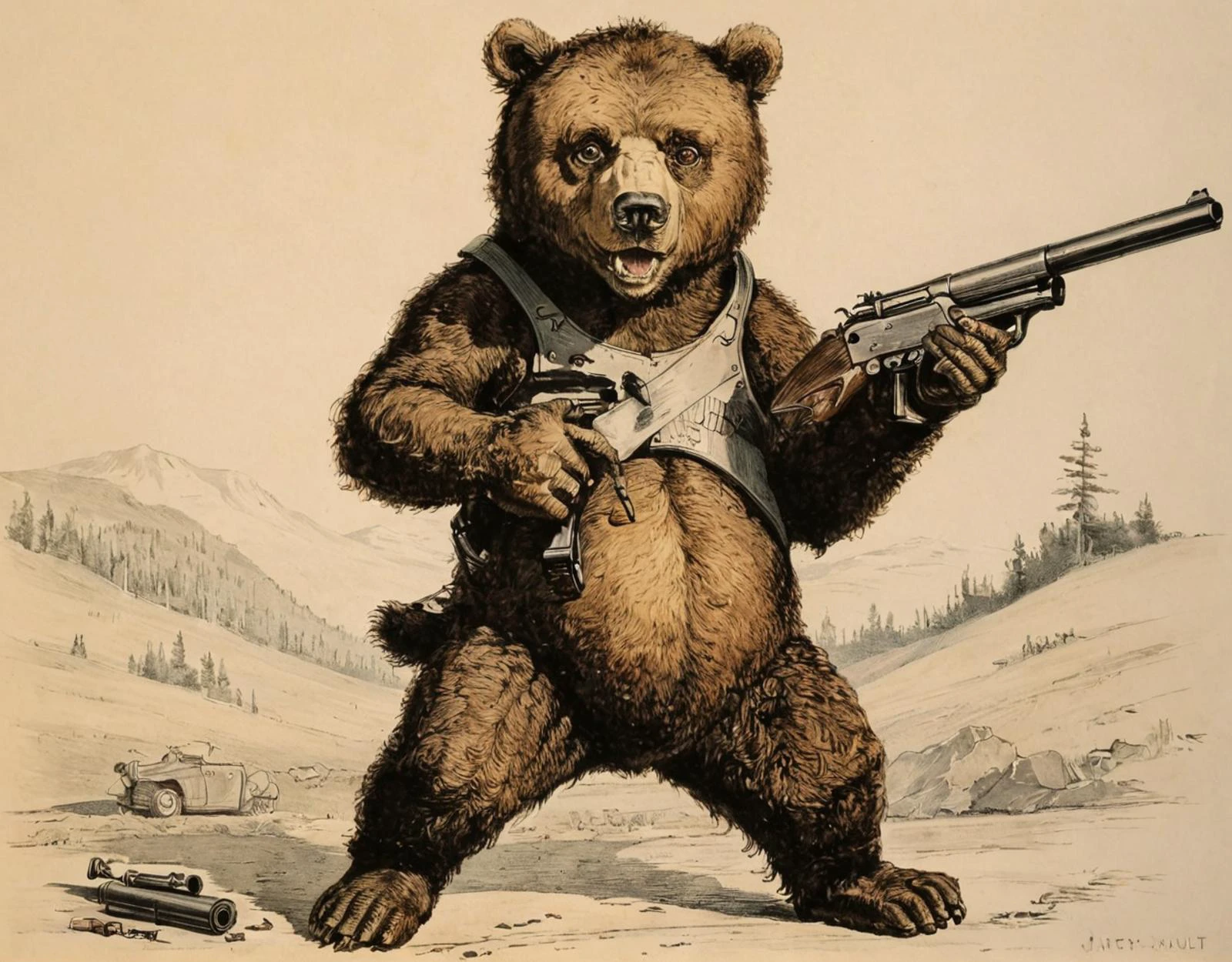 a bear holding a gun,art by llbreton, <lora:LLbretonXL-000004:1>