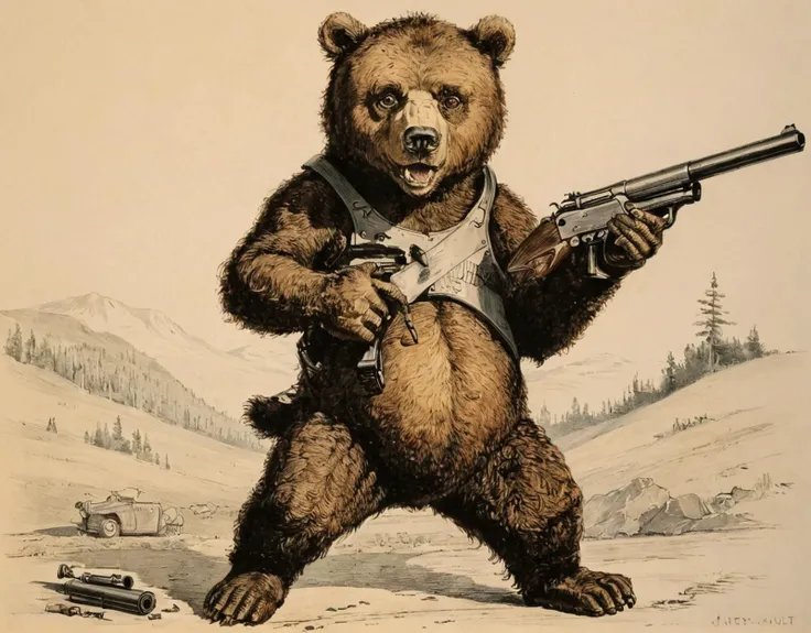 a bear holding a gun,art by llbreton, <lora:LLbretonXL-000004:1>