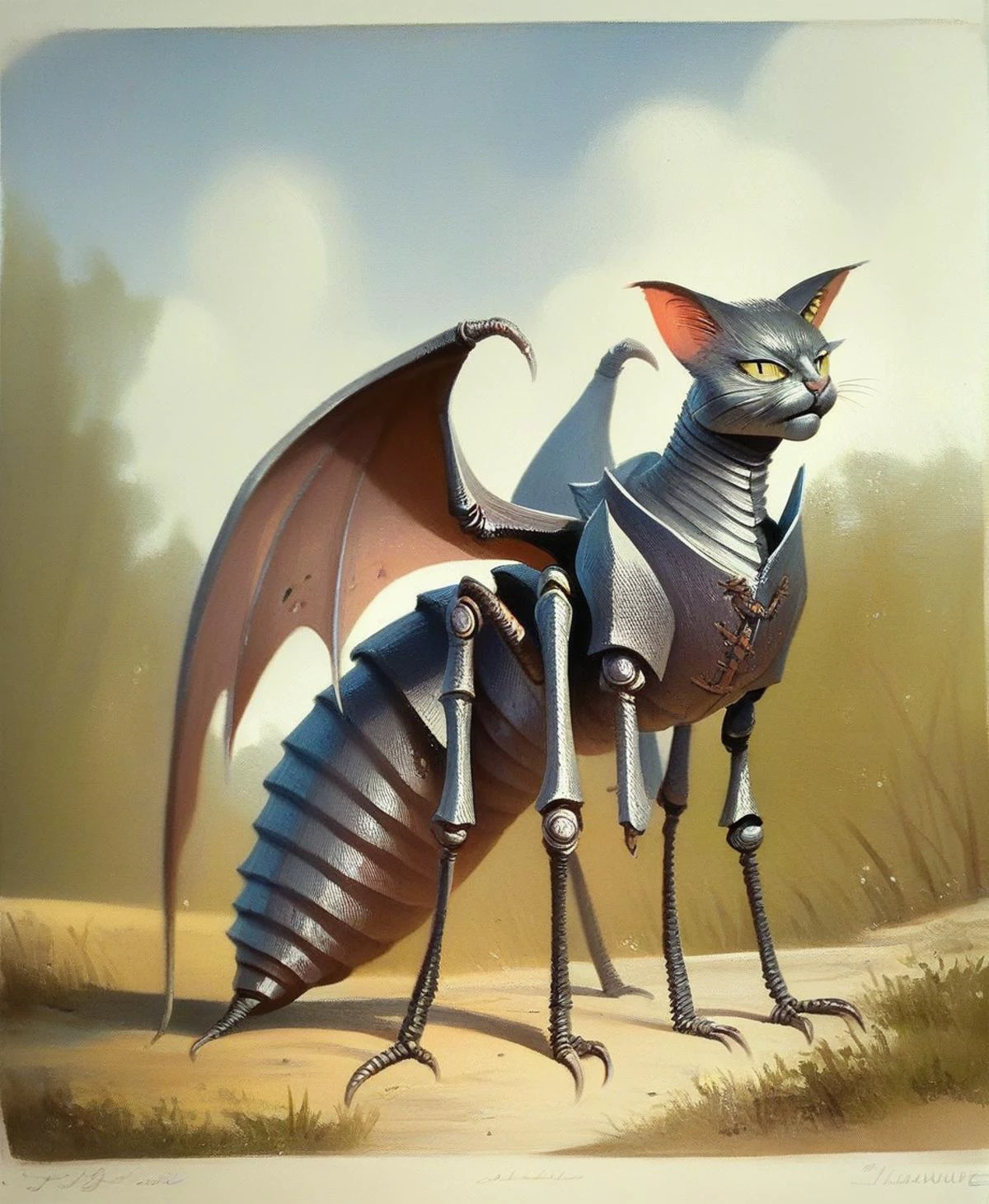 score_9, score_8_up, score_7_up, score_6_up, score_5_up, score_4_up, rating_safe,art by llbreton,full color,traditional media,bat wings,cat ears,arthropod legs,monster focus,no humans,outdoors,<lora:LLBretonPony:1>
