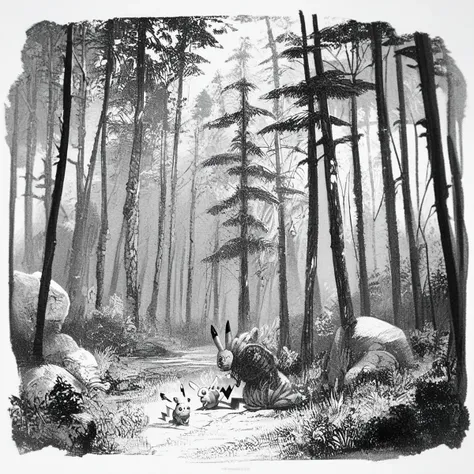 score_9, score_8_up, score_7_up, score_6_up, score_5_up, score_4_up, rating_safe,art by llbreton,monochrome,greyscale, pikachu,pokemon \(creature\),pokemon,forest,outdoors,<lora:LLBretonPony-000006:1>