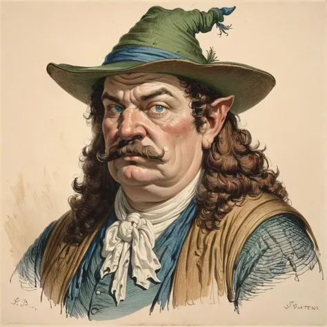 portrait of morshu,fat,mature male,male focus,pointy ears,blue eyes,moustache,brown hair,green hat,art by llbreton, <lora:LLBretonXL2:1>