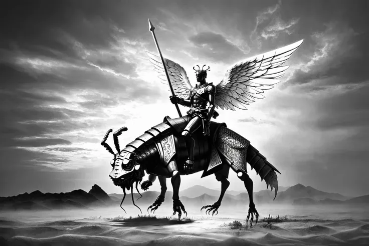 a angel holding up his sword riding a giant grasshopper,solo,grayscale,monochrome,art by llbreton, <lora:LLBreton15V2:1>