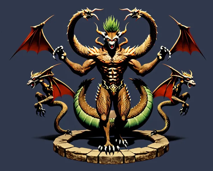 solo,a 5 headed demon dragon with the body of a lemur,art by llbreton, <lora:15LLBreton2:0.5>