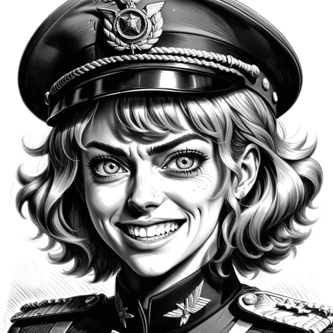 monochrome portrait of tanya degurechaff,evil grin,crazy eyes,military uniform,military hat,1girl,solo,scene from youjo senki,grayscale,art by llbreton, <lora:LLBretonXL:1>