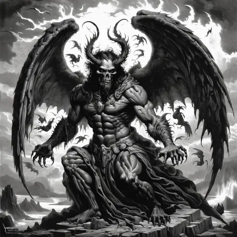 T-shirt design, an angel holding the head of a demon, detailed, aggressive