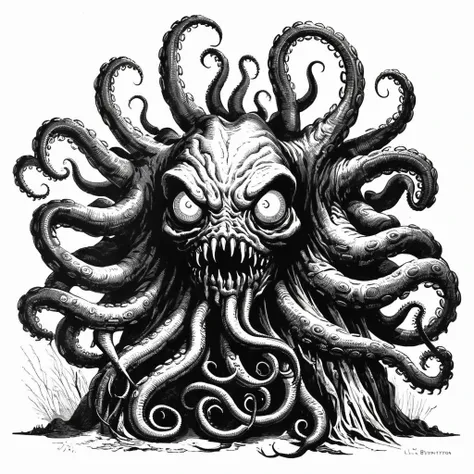 a formless eldritch abomination made of eyes and tentacles covered in mouths,white background,simple background,monochrome,grayscale,art by llbreton,  <lora:LLBretonXL2:1>