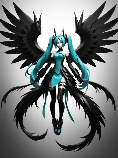 grayscale,monochrome,solo,the demon hatsune miku,wings,tail,claws,art by llbreton, <lora:LLBretonXL-000005:1>