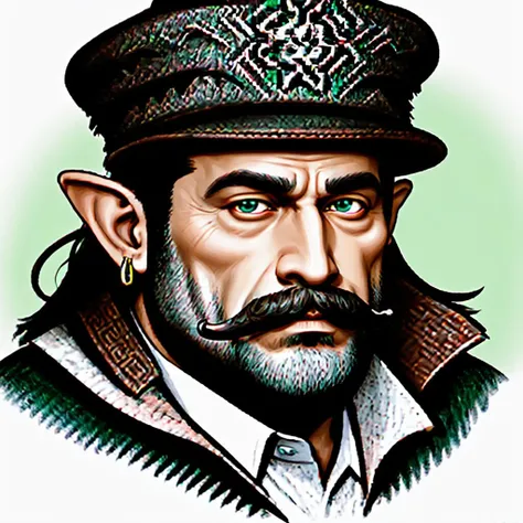 portrait of morshu,fat,mature male,male focus,pointy ears,blue eyes,moustache,brown hair,green hat,art by llbreton, <lora:15LLBreton2:0.6>