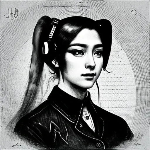 portrait of hatsune miku,monochrome,grayscale,art by llbreton, <lora:LLBreton15:1>