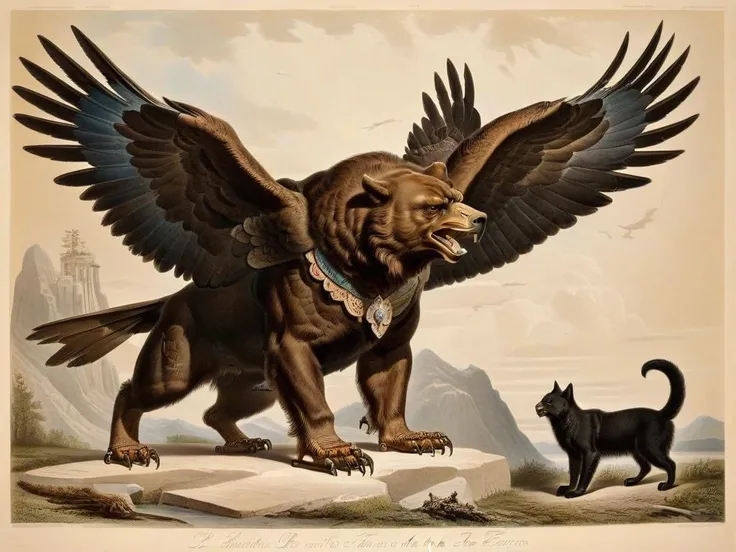 a winged bear with the head of a cat and the feet of an eagle,art by llbreton,  <lora:LLBretonXL-000005:1>