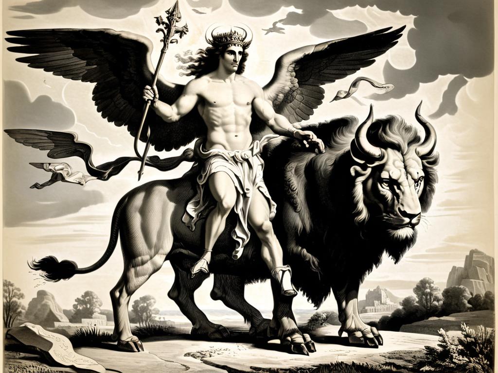 Arafed image of a man on a buffalo with a spear and a winged bird ...