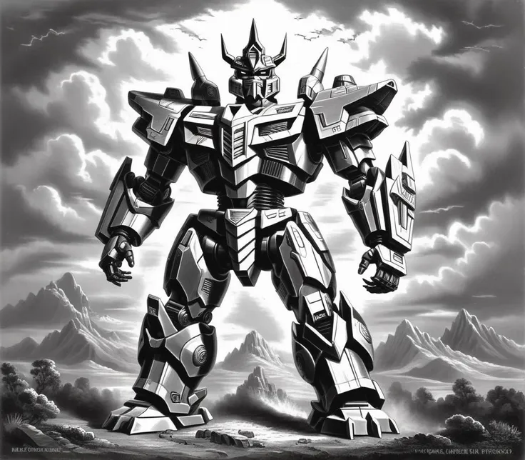 a biblically accurate megazord,grayscale,monochrome,art by llbreton, <lora:LLBretonXL:1>