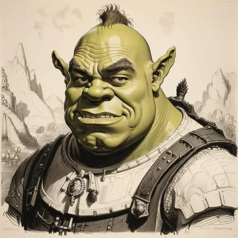 monochrome portrait of shrek,art by llbreton, <lora:LLBretonXL:1>