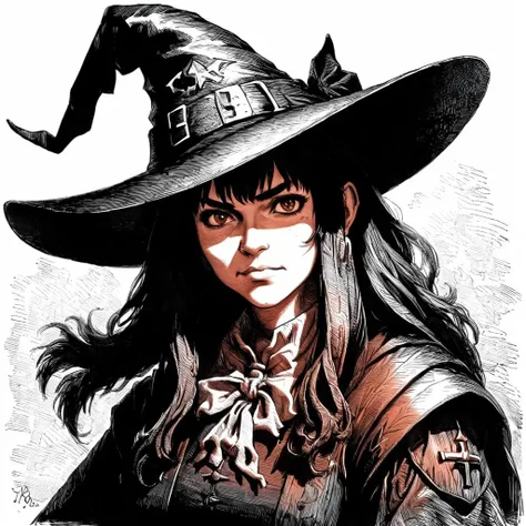 monochrome portrait of megumin,witch hat,art by llbreton, <lora:LLBretonXL2:1>