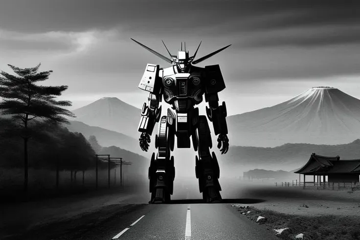 a giant mecha standing in futuristic japan,monochrome,grayscale,art by llbreton, <lora:LLBreton15:1>