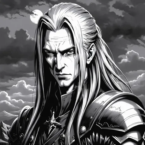 portrait of sephiroth,monochrome,grayscale,smug,art by llbreton, <lora:LLBretonXL2:1>
