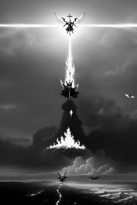 an angelic knight descending from heaven to smite the unworthy with holy fire,monochrome,grayscale,art by llbreton, <lora:LLBreton15:1>
