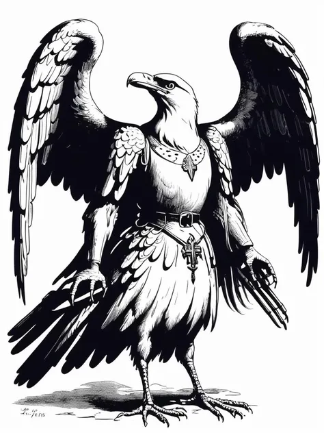 a biblically accurate angelic creature with the head of an eagle and the wings of a heron covered in eyes,white background,simple background,monochrome,grayscale,art by llbreton,  <lora:LLBretonXL2:1>