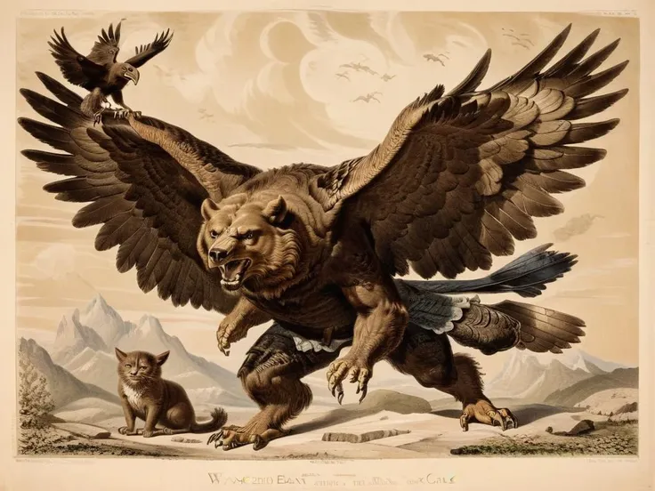 a winged bear with the head of a cat and the feet of an eagle,art by llbreton, <lora:LLBretonXL:1>