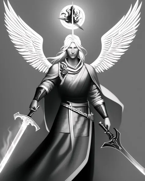 an angel holding a burning sword,flaming wings,grayscale,monochrome,art by llbreton, <lora:15LLBreton2:0.5>