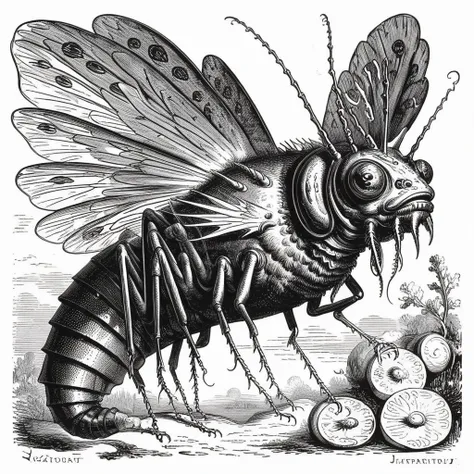 a bizzare fish creature with the wings of a locust and the head of a cat,monochrome,grayscale,art by llbreton, <lora:LLBretonXL:1>