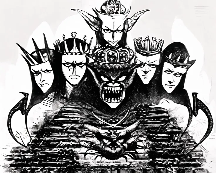a five headed demon wearing crowns on its heads,5 heads,multiple heads,demonic creature,eldrtich abomination,greyscale , llbreton, <lora:LLBreton15V3:1>