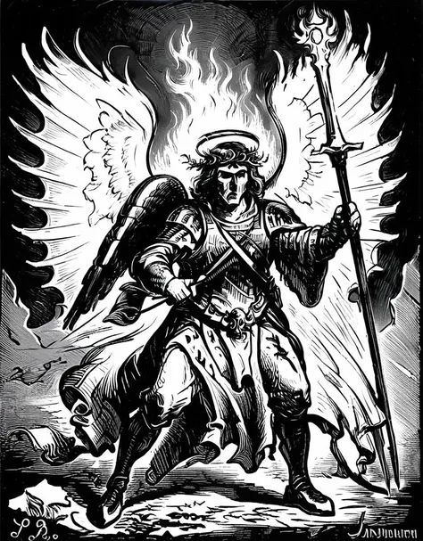 an angel of destruction holding a flaming blade,grayscale, art by llbreton, <lora:LLbreton_V3:1>