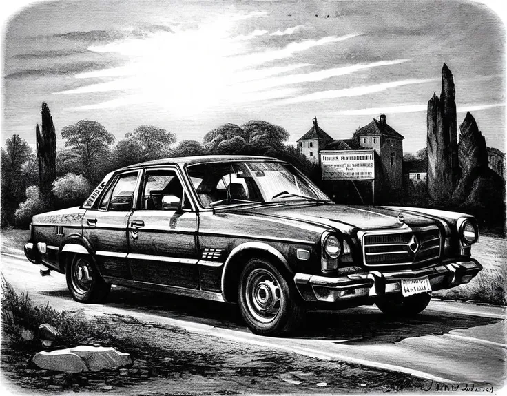 grayscale,a car, art by llbreton, <lora:LLbreton_V3:1>