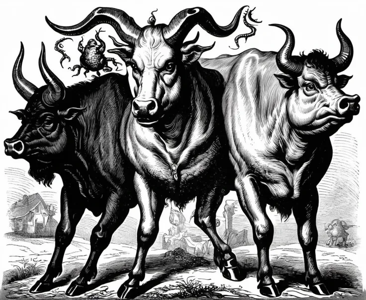 a three headed demon with the head of a cow and the head of a horse and the head of a pig and the body of a spider,greyscale,monochrome,art by llbreton, <lora:LLBretonXLRecent:0.8>