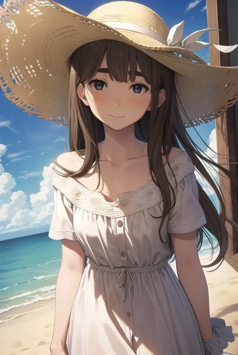 aikotanaka, <lora:aiko tanaka manga-lora-nochekaiser:1>,
aiko tanaka, brown hair, long hair, (brown eyes:1.5), bangs, thick eyebrows, blush, smile,
BREAK dress, white dress, collarbone, bare shoulders, sundress, sun hat,
BREAK outdoors, grass, sky, clouds, sun,
BREAK looking at viewer, (cowboy shot:1.5),
BREAK <lyco:GoodHands-beta2:1>, (masterpiece:1.2), best quality, high resolution, unity 8k wallpaper, (illustration:0.8), (beautiful detailed eyes:1.6), extremely detailed face, perfect lighting, extremely detailed CG, (perfect hands, perfect anatomy),