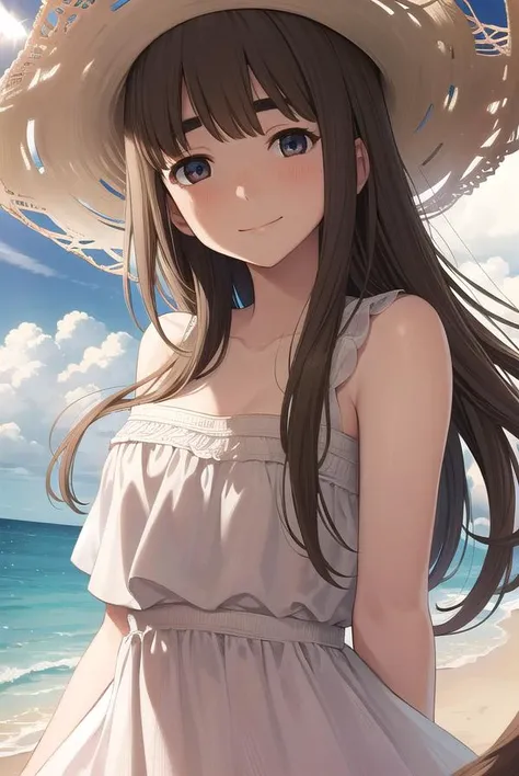 aikotanaka, <lora:aiko tanaka manga-lora-nochekaiser:1>,
aiko tanaka, brown hair, long hair, (brown eyes:1.5), bangs, thick eyebrows, blush, smile,
BREAK dress, white dress, collarbone, bare shoulders, sundress, sun hat,
BREAK outdoors, grass, sky, clouds, sun,
BREAK looking at viewer, (cowboy shot:1.5),
BREAK <lyco:GoodHands-beta2:1>, (masterpiece:1.2), best quality, high resolution, unity 8k wallpaper, (illustration:0.8), (beautiful detailed eyes:1.6), extremely detailed face, perfect lighting, extremely detailed CG, (perfect hands, perfect anatomy),