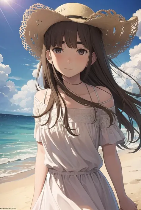 aikotanaka, <lora:aiko tanaka manga-lora-nochekaiser:1>,
aiko tanaka, brown hair, long hair, (brown eyes:1.5), bangs, thick eyebrows, blush, smile,
BREAK dress, white dress, collarbone, bare shoulders, sundress, sun hat,
BREAK outdoors, grass, sky, clouds, sun,
BREAK looking at viewer, (cowboy shot:1.5),
BREAK <lyco:GoodHands-beta2:1>, (masterpiece:1.2), best quality, high resolution, unity 8k wallpaper, (illustration:0.8), (beautiful detailed eyes:1.6), extremely detailed face, perfect lighting, extremely detailed CG, (perfect hands, perfect anatomy),