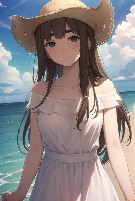 aikotanaka, <lora:aiko tanaka manga-lora-nochekaiser:1>,
aiko tanaka, brown hair, long hair, (brown eyes:1.5), bangs, thick eyebrows, blush, smile,
BREAK dress, white dress, collarbone, bare shoulders, sundress, sun hat,
BREAK outdoors, grass, sky, clouds, sun,
BREAK looking at viewer, (cowboy shot:1.5),
BREAK <lyco:GoodHands-beta2:1>, (masterpiece:1.2), best quality, high resolution, unity 8k wallpaper, (illustration:0.8), (beautiful detailed eyes:1.6), extremely detailed face, perfect lighting, extremely detailed CG, (perfect hands, perfect anatomy),