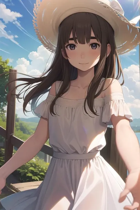masterpiece, best quality,  <lora:rose:1>,tot-rose, 1girl, smile, dress, sky, hat, cloud, closed eyes, sundress, blue sky, grin, flower, white dress, cloudy sky, outdoors, sleeveless, sleeveless dress, straw hat, shirt