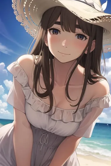 aikotanaka, <lora:aiko tanaka manga-lora-nochekaiser:1>,
aiko tanaka, brown hair, long hair, (brown eyes:1.5), bangs, thick eyebrows, blush, smile,
BREAK dress, white dress, collarbone, bare shoulders, sundress, sun hat,
BREAK outdoors, grass, sky, clouds, sun,
BREAK looking at viewer, (cowboy shot:1.5),
BREAK <lyco:GoodHands-beta2:1>, (masterpiece:1.2), best quality, high resolution, unity 8k wallpaper, (illustration:0.8), (beautiful detailed eyes:1.6), extremely detailed face, perfect lighting, extremely detailed CG, (perfect hands, perfect anatomy),