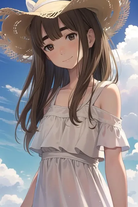aikotanaka, <lora:aiko tanaka manga-lora-nochekaiser:1>,
aiko tanaka, brown hair, long hair, (brown eyes:1.7), bangs, thick eyebrows, blush, smile,
BREAK dress, white dress, collarbone, bare shoulders, sundress, sun hat,
BREAK outdoors, grass, sky, clouds, sun,
BREAK looking at viewer, (cowboy shot:1.5),
BREAK <lyco:GoodHands-beta2:1>, (masterpiece:1.2), best quality, high resolution, unity 8k wallpaper, (illustration:0.8), (beautiful detailed eyes:1.6), extremely detailed face, perfect lighting, extremely detailed CG, (perfect hands, perfect anatomy),