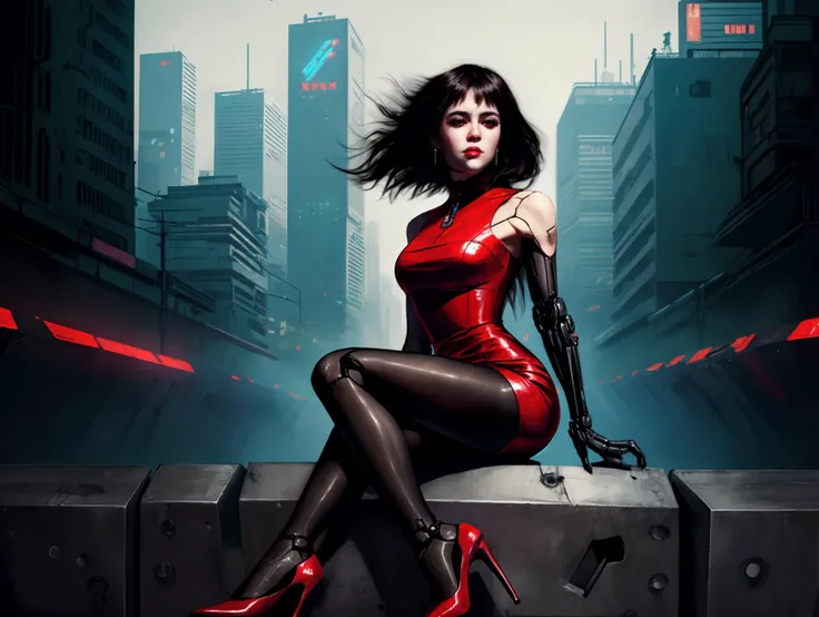 cyberpunk style, (sfw:1.3), futuristic, solo, 1girl, reelmech Girlfriend of Friday_Night_Funkin with mechanical arms, android-seams, wearing red dress with black pantyhose, red high heels, lewd face, sittinh in the park, outdoor, high-tech park in cyberpunk style city, day time, <lora:robot-seams:0.8>, <lora:more_details:0.4>,, <lora:reelmech1v2:0.8> <lora:FNFGirlfriend:1>, neon, dystopian, futuristic, digital, vibrant, detailed, high contrast, reminiscent of cyberpunk genre