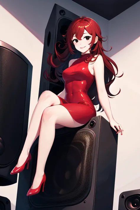 Highly detailed, High Quality, Masterpiece, beautiful, Girlfriend, <lora:FNFGirlfriend:0.9>, 1girl, solo, full body, light smile, red dress, sitting, sitting on speaker