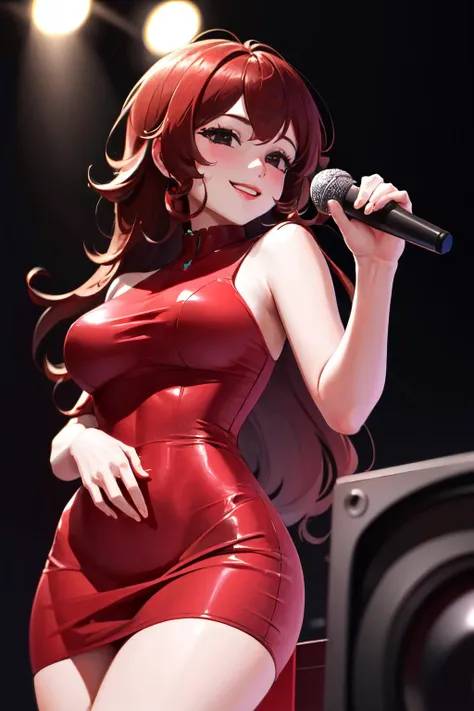 Highly detailed, High Quality, Masterpiece, beautiful, Girlfriend, <lora:FNFGirlfriend:0.9>, 1girl, solo, cowboy shot, light smile, red dress, standing, holding, microphone, holding microphone